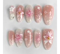 Bryxora 24 Unghie a Pressione Mandorla Rosa, Unghie Artificiali Media Lunghezza con Design 3D di Fiori, Set Completo Accessori Manicure per Nail Art Fai da Te