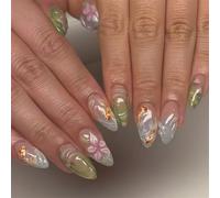 Bryxora 24 Unghie Press On a Forma di Mandorla | Unghie press on a forma di mandorla con decorazioni di Koi e fiori, set completo per una manicure casalinga veloce e semplice