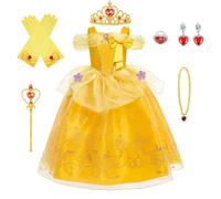 BSBUY Belle Costume, Ragazze La Bella e La Bestia Costumi, 6 Pezzi Principessa Belle Vestito, con Corona Bacchetta Guanti, Ragazze Bella Abiti Set per Cosplay Natale Festa Party Halloween, 110