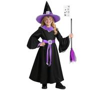 BSBUY Costume da Strega, Halloween Costume da Strega Viola, 5PZ Abito da Witch per Bambina e Donna per Halloween, con Cappello, Scopa, Cintura e Adesivo, Vestito da Maga Vampiro di Carnevale, Cosplay