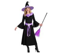 BSBUY Costume da Strega, Halloween Costume da Strega Viola, 5PZ Abito da Witch per Bambina e Donna per Halloween, con Cappello, Scopa, Cintura e Adesivo, Vestito da Maga Vampiro di Carnevale, Cosplay