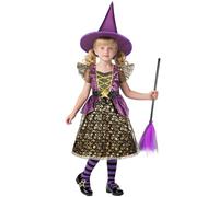 BSBUY Costume da Strega per Bambina, Bambini Costume di Streghetta per Halloween, 4PZ Vestito con Glitter da Strega per Bambina, con Scopa, Cappello, Vestiti da Witches per Halloween e Carnevale