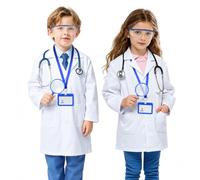 BSBUY Costume Dottore Bambino, Camice Laboratorio Bambino, 4 Pezzi Costume da Medico per Bambini, con Goggles, Carta D'identità, Ingrandimento, Kid Scienziato Cosplay Costume per Halloween, Bianco