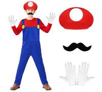 BSBUY Costume Mario Bambino, 4PZ Mario Costume Tuta per Bambini, Bambini Vestito Cosplay con Cappello Guanti Barba, Vestito di per Compleanno, Halloween, Carnevale, Feste per Ragazzi
