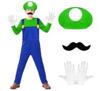 BSBUY Costume Mario Bambino, 4PZ Mario Costume Tuta per Bambini, Bambini Vestito Cosplay con Cappello Guanti Barba, Vestito di per Compleanno, Halloween, Carnevale, Feste per Ragazzi