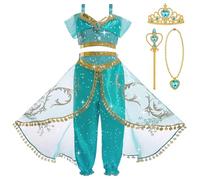 BSBUY Ragazza Costume Vestito Jasmine Principessa, 6 Pezzi Costume da Principessa Jasmine, Jasmine Principessa Abiti Ragazze, con Corona Bacchetta Collana, per Cosplay Compleanno Halloween Carnevale