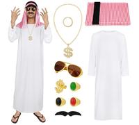 BSBUY Vestito Arabo Uomo, Carnaval Costume Arabo Sceicco per un Uomo, 10PZ Costume Sceicco Arabo con Turbante, Barba, Occhiali, Vestito da Sceicco Adulto Veste Bianca, per Halloween, Feste, Cosplay