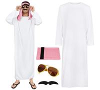 BSBUY Vestito Arabo Uomo, Carnaval Costume Arabo Sceicco per un Uomo, 4PZ Costume Sceicco Arabo con Turbante, Barba, Occhiali, Vestito da Sceicco Adulto Veste Bianca, per Halloween, Feste, Cosplay