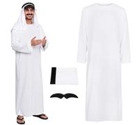 BSBUY Vestito Arabo Uomo, Carnaval Costume Arabo Sceicco per un Uomo, 4PZ Costume Sceicco Arabo con Turbante, Barba, Occhiali, Vestito da Sceicco Adulto Veste Bianca, per Halloween, Feste, Cosplay