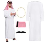 BSBUY Vestito Arabo Uomo, Carnaval Costume Arabo Sceicco per un Uomo, 4PZ Costume Sceicco Arabo con Turbante, Barba, Occhiali, Vestito da Sceicco Adulto Veste Bianca, per Halloween, Feste, Cosplay