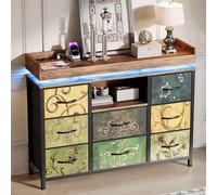 BSCFHCZ Cassettiera 8 Cassetti Stile Vintage con Luci LED e Prese Elettriche (USB/Tipo-C), Mobiletto Multiuso in Tessuto Motivo Floreale Retrò, Mobile Ingresso Soggiorno Camera da Letto, 108x82x30 cm