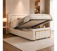 BSCFHCZ Letto Imbottito 90x200 con Contenitore, Letto Singolo in Velluto Beige con Rete a Doghe e Sollevamento Idraulico, Giroletto Moderno Lusso con Dettagli Dorati e Testiera Alta, Nessun materasso