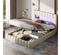 BSCFHCZ Letto King Size 180x200 con Contenitore Idraulico, Letto Imbottito con LED e USB, Struttura Letto Matrimoniale Grande con Testiera Portaoggetti, Beige, Lino (Senza Materasso)