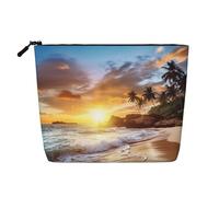 BSCKKDMN Beauty case da viaggio in lino impermeabile con paesaggio e tramonto sulla spiaggia, borsa da viaggio leggera con cerniera, organizer per pennelli da trucco