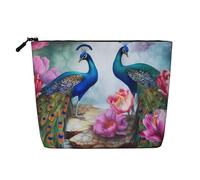 BSCKKDMN Bella borsa per il trucco con pavoni e fiori di loto per le donne, custodia da viaggio in lino impermeabile leggera con cerniera borsa da toilette organizer per pennelli da trucco