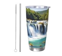 BSCKKDMN Bicchiere isolato con coperchio e cannuccia, 590 ml, in acciaio inox, da viaggio, a doppia parete, tazza da tè con cascate sul fiume Krka, bottiglia d'acqua a tenuta stagna, regalo per donne