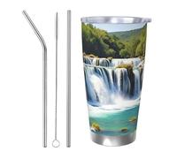 BSCKKDMN Bicchiere isolato con coperchio e cannuccia, 590 ml, in acciaio inox, da viaggio, a doppia parete, tazza da tè con cascate sul fiume Krka, bottiglia d'acqua a tenuta stagna, regalo per donne