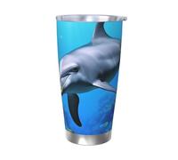 BSCKKDMN Bicchiere isolato con coperchio e cannuccia, 590 ml, in acciaio inox, da viaggio, tazza da tè a doppia parete, con delfino nella barriera corallina, bottiglia d'acqua a tenuta stagna, regalo