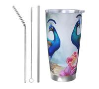 BSCKKDMN Bicchiere isolato con coperchio e cannuccia, 590 ml, in acciaio inox, da viaggio, tazza da tè a doppia parete, con pavoni e fiori di loto, bottiglia d'acqua a tenuta stagna, regalo per donne