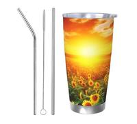 BSCKKDMN Bicchiere isolato con coperchio e cannuccia, 590 ml, in acciaio inox, da viaggio, tazza da tè a doppia parete, con tramonto da sogno di un campo di girasoli, bottiglia d'acqua a tenuta stagna
