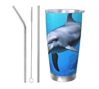 BSCKKDMN Bicchiere isolato con coperchio e cannuccia, 590 ml, in acciaio inox, da viaggio, tazza da tè a doppia parete, con delfino nella barriera corallina, bottiglia d'acqua a tenuta stagna, regalo