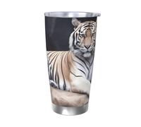 BSCKKDMN Bicchiere isolato con coperchio e cannuccia, 590 ml, in acciaio inox, da viaggio, tazza da tè a doppia parete, tazza da tè tigre seduta sulla roccia, bottiglia d'acqua a prova di perdite
