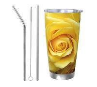 BSCKKDMN Bicchiere isolato con coperchio e cannuccia, 590 ml, in acciaio inox, da viaggio, tazza da tè a doppia parete, graziosa rosa gialla, a prova di perdite, regalo per donne e uomini