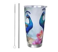BSCKKDMN Bicchiere isolato con coperchio e cannuccia, 590 ml, in acciaio inox, da viaggio, tazza da tè a doppia parete, con pavoni e fiori di loto, bottiglia d'acqua a tenuta stagna, regalo per donne