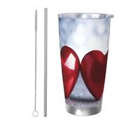 BSCKKDMN Bicchiere isolato con coperchio e cannuccia, 590 ml, in acciaio inox, da viaggio, tazza da tè a doppia parete, due cuori rossi, bottiglia d'acqua a tenuta stagna, regalo per donne e uomini