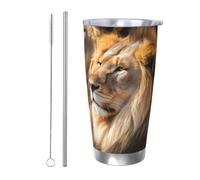 BSCKKDMN Bicchiere isolato con coperchio e cannuccia, 590 ml, in acciaio inox, da viaggio, tazza da tè a doppia parete, due leoni, bottiglia d'acqua a tenuta stagna, regalo per donne e uomini