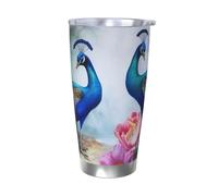 BSCKKDMN Bicchiere isolato con coperchio e cannuccia, 590 ml, in acciaio inox, da viaggio, tazza da tè a doppia parete, con pavoni e fiori di loto, bottiglia d'acqua a tenuta stagna, regalo per donne