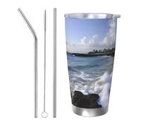 BSCKKDMN Bicchiere isolato con coperchio e cannuccia, da 590 ml, in acciaio inox, da viaggio, a doppia parete, tazza da tè Porto Rico, bottiglia d'acqua da spiaggia, a prova di perdite, regalo per