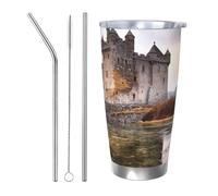 BSCKKDMN Bicchiere isolato con coperchio e cannuccia, da 590 ml, in acciaio inox, da viaggio, a doppia parete, tazza da tè, castello vicino alle pietre del lago, bottiglia d'acqua a prova di perdite
