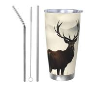 BSCKKDMN Bicchiere isolato con coperchio e cannuccia, da 590 ml, in acciaio inox, da viaggio, a doppia parete, tazza da tè con cervo sulla montagna nebbiosa, bottiglia d'acqua a tenuta stagna, regalo