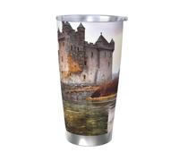 BSCKKDMN Bicchiere isolato con coperchio e cannuccia, da 590 ml, in acciaio inox, da viaggio, a doppia parete, tazza da tè, castello vicino alle pietre del lago, bottiglia d'acqua a prova di perdite