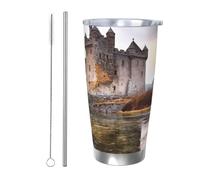 BSCKKDMN Bicchiere isolato con coperchio e cannuccia, da 590 ml, in acciaio inox, da viaggio, a doppia parete, tazza da tè, castello vicino alle pietre del lago, bottiglia d'acqua a prova di perdite
