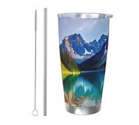 BSCKKDMN Bicchiere isolato con coperchio e cannuccia, da 590 ml, in acciaio inox, da viaggio, a doppia parete, tazza da tè con paesaggio di montagna, a prova di perdite, regalo per donne e uomini