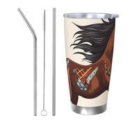 BSCKKDMN Bicchiere isolato con coperchio e cannuccia, da 590 ml, in acciaio inox, da viaggio, tazza da tè a doppia parete, tazza da tè marrone con cavallo, bottiglia d'acqua a prova di perdite, regalo