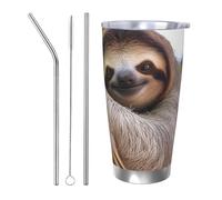 BSCKKDMN Bicchiere isolato con coperchio e cannuccia, da 590 ml, in acciaio inox, da viaggio, tazza da tè a doppia parete con bradipo su un ramo di albero, bottiglia d'acqua a tenuta stagna, regalo