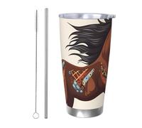 BSCKKDMN Bicchiere isolato con coperchio e cannuccia, da 590 ml, in acciaio inox, da viaggio, tazza da tè a doppia parete, tazza da tè marrone con cavallo, bottiglia d'acqua a prova di perdite, regalo