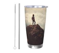 BSCKKDMN Bicchiere isolato con coperchio e cannuccia, da 590 ml, in acciaio inox, da viaggio, tazza da tè a doppia parete, tazza da tè donna su una montagna superiore, bottiglia d'acqua a tenuta