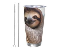 BSCKKDMN Bicchiere isolato con coperchio e cannuccia, da 590 ml, in acciaio inox, da viaggio, tazza da tè a doppia parete con bradipo su un ramo di albero, bottiglia d'acqua a tenuta stagna, regalo