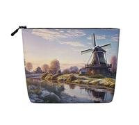 BSCKKDMN Paesaggio con un tradizionale mulino a vento borsa per il trucco per le donne, impermeabile in lino da viaggio custodia per cosmetici leggera con cerniera borsa da toilette organizer per