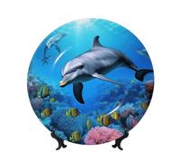 BSCKKDMN Piatti decorativi in porcellana Bone China, delfino nella barriera corallina, piatto decorativo in ceramica con espositore piatti da cena, artigianato artistico, ornamenti in ceramica da 20,3