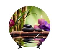 BSCKKDMN Piatti decorativi in porcellana Bone China, pietre zen e bambù piatto decorativo in ceramica con espositore piatti da tavola Artigianato artistico 20,3 cm ornamenti in ceramica decorazione da