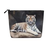 BSCKKDMN Tigre seduta sulla roccia Animal Makeup Bag per le donne, impermeabile lino viaggio cosmetico caso leggero cerniera viaggio toilette borsa organizzatore pennelli trucco borsa di