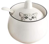 BSDHGF Ceramica Cartoon Cat Zuccheriera Condimento Sale Conservazione con Coperchio Cucchiaio (BiancoC-1pcs) (Bianco A-1pcs)