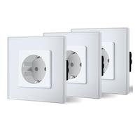 BSEED - Confezione da 3 prese Schuko, 16 A, piastra in cristallo, 1 vano, presa da incasso, 86 mm, presa singola a protezione, presa da parete, colore: Bianco