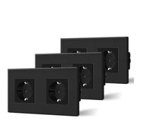 BSEED - Confezione da 3 prese Schuko, 16 A, piastra in cristallo, 2 vani, presa da incasso, 157 mm, presa a doppia protezione a parete, colore: Nero