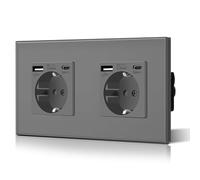 BSEED - Doppia presa Schuko a parete con USB e Tipo C in vetro, 3 in 1, presa a incasso, 2 vie, con 2.1 A di potenza di ricarica USB e adattatore Tipo C, prolunga da 157 mm, colore: Grigio